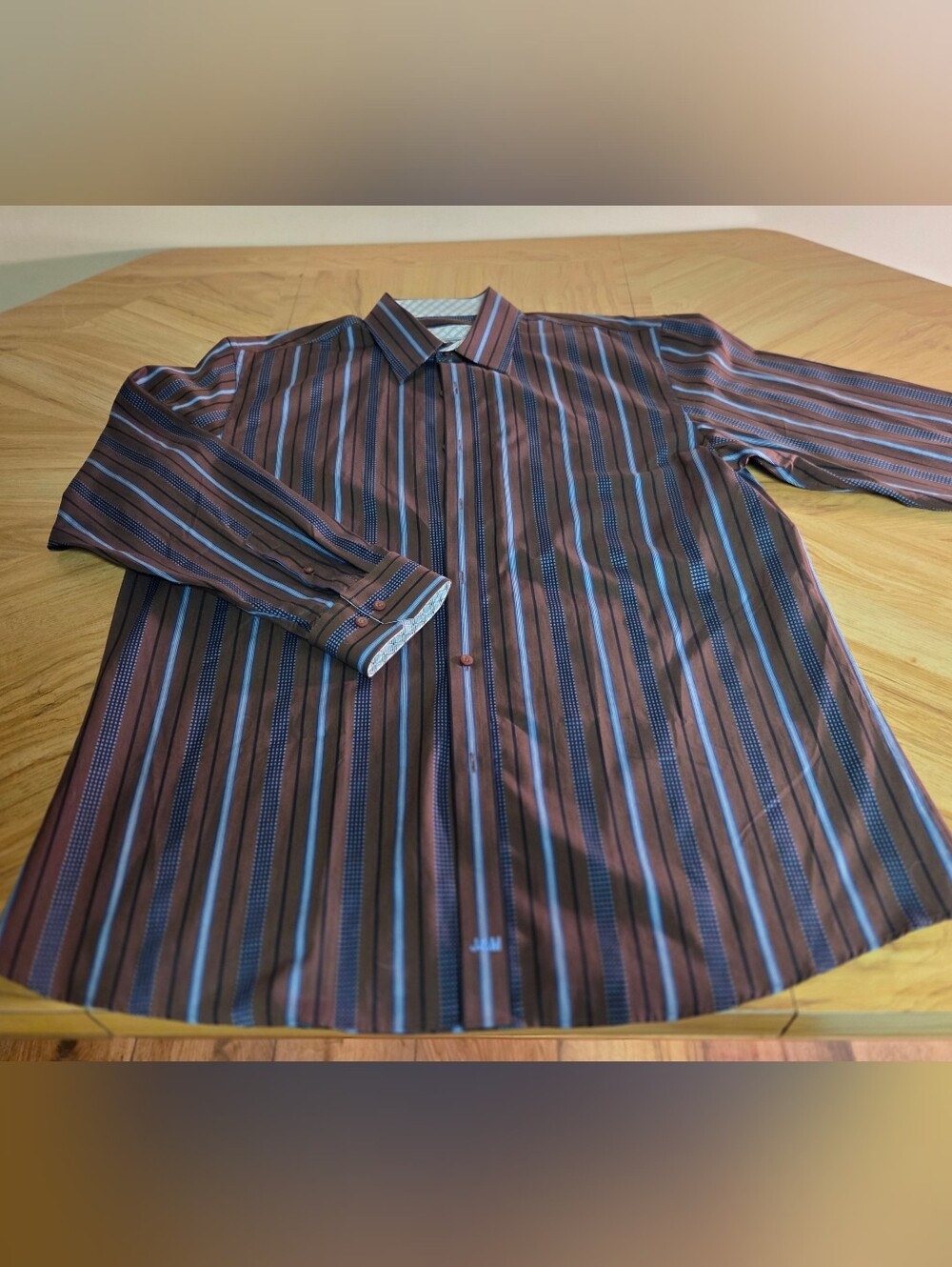 Johnston & Murphy Brown Dress Shirt with Blue Stripe Accents